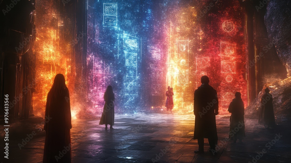 A mystical scene with cloaked figures in front of vibrant, glowing structures, evoking a sense of wonder and mystery. A mystical scene with cloaked figures in front of vibrant, glowing structures, evoking a sense of wonder and mystery.
