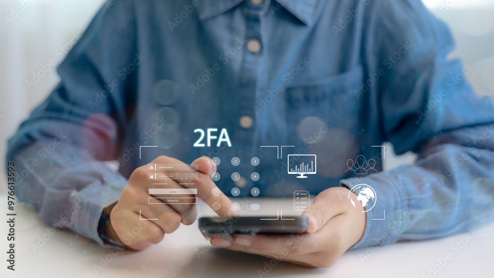 Fototapeta premium Data protection with 2Fa, Two-Factor Authentication, Cybersecurity and privacy protect data. Internet network security technology. Encrypted data. Personal online privacy. Cyber hacker threat.