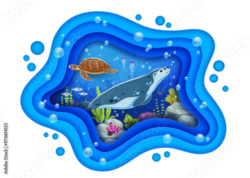 Seal and turtle animals on paper cut sea life banner. Underwater scene featuring marine life in the ocean depth teeming with vibrant coral, fish, and bubbles inside of 3d vector layered wavy frame