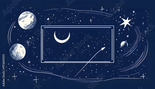 Hand-drawn illustration of a night sky with a crescent moon, stars, planets, and a rocket shooting off into space.