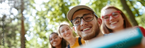 A cheerful group of friends pose for a photo outdoors with trees in the background, expressing happiness and camaraderie under the golden sunlight.