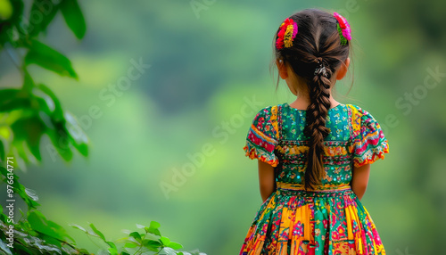 Young girl in a vibrant dress standing in a lush forest, surrounded by greenery, facing away