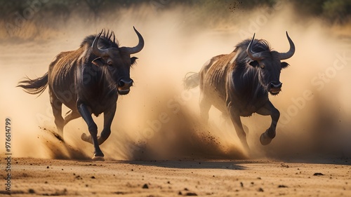 A vibrant picture of a wildebeest running through the dust, ideal for projects with a safari theme or wildlife protection campaigns. Ideal for Background, Wallpaper, Poster Prints, and Wall Art photo