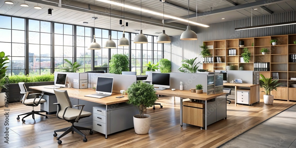 A modern office workspace lies vacant, the empty cubicle workstation awaiting its occupant, surrounded by scattered