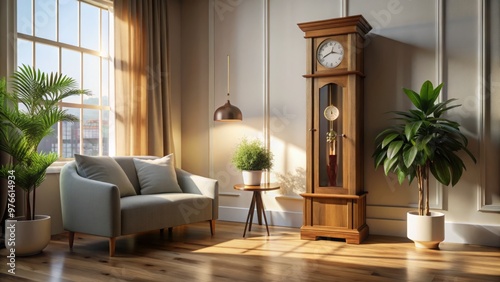 A modern living room's corner is anchored by a minimalist wooden grandfather clock, its classic design softened by photo