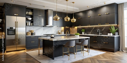 A modern black and gold kitchen features sleek appliances, white marble countertops, and a blend of style and