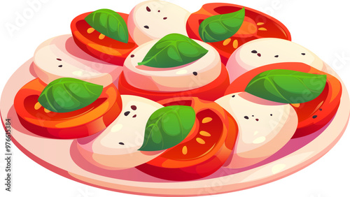 Cartoon caprese salad, featuring slices of fresh mozzarella, ripe tomatoes, and basil leaves, drizzled with olive oil and sprinkled with pepper, served on plate. Vector Mediterranean cuisine dish