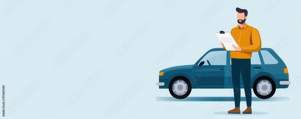 Customer reviewing car insurance policy options, flat design illustration Customer reviewing car insurance policy options, flat design illustration