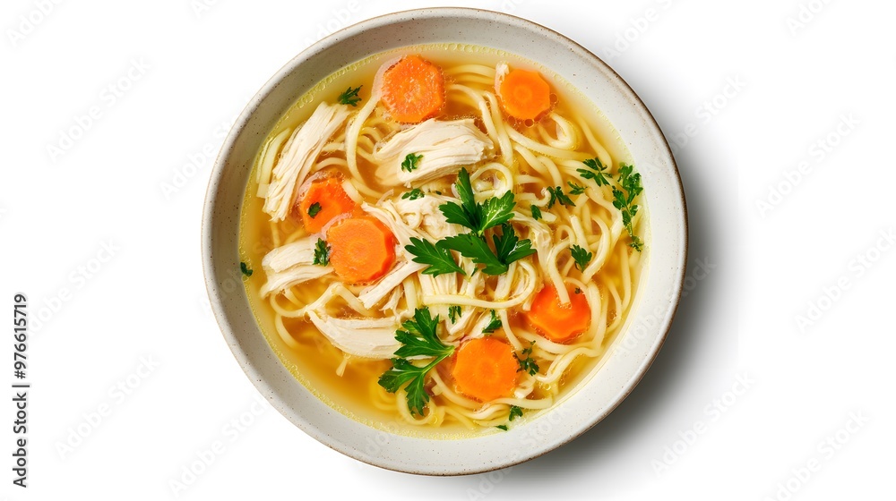 Delicious bowl of chicken noodle soup with fresh herbs and carrots Delicious bowl of chicken noodle soup with fresh herbs and carrots
