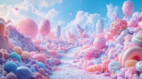 37. Playful and colorful fantasy landscape made of pastel candies, with vibrant hues and sweet details, evoking a surreal and dreamy candyland with a whimsical atmosphere photo