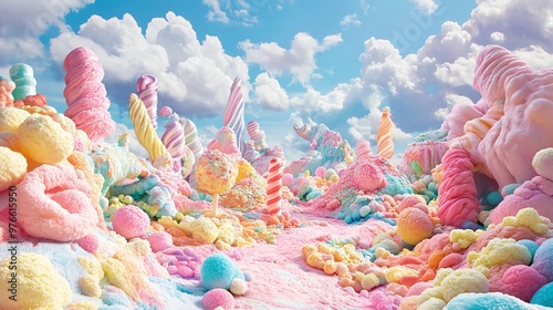 40. Dreamy and colorful pastel candy landscape, characterized by vibrant and whimsical details, creating a surreal fantasy world full of sugary charm and playful textures photo