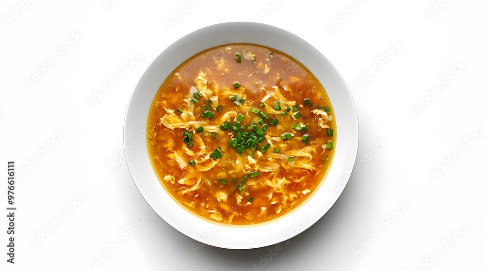 Delicious egg drop soup garnished with chopped chives in a white bowl Delicious egg drop soup garnished with chopped chives in a white bowl