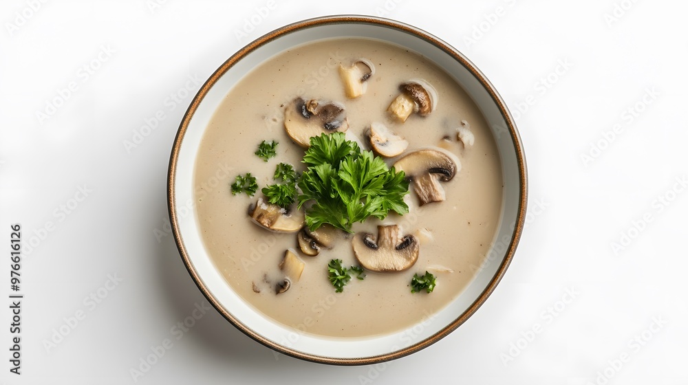 Creamy mushroom soup garnished with fresh parsley in a bowl Creamy mushroom soup garnished with fresh parsley in a bowl