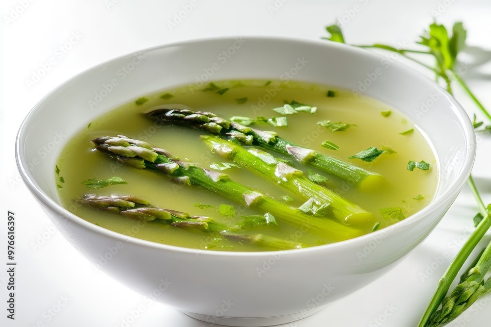A bowl of creamy asparagus soup, a classic German dish, featuring fresh asparagus spears, green broth, and a garnish of parsley. A bowl of creamy asparagus soup, a classic German dish, featuring fresh asparagus spears, green broth, and a garnish of parsley.