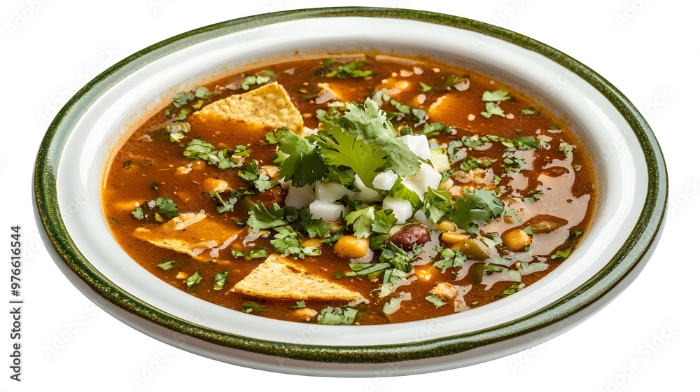 Mexican tortilla soup with cilantro and corn on a white plate Mexican tortilla soup with cilantro and corn on a white plate