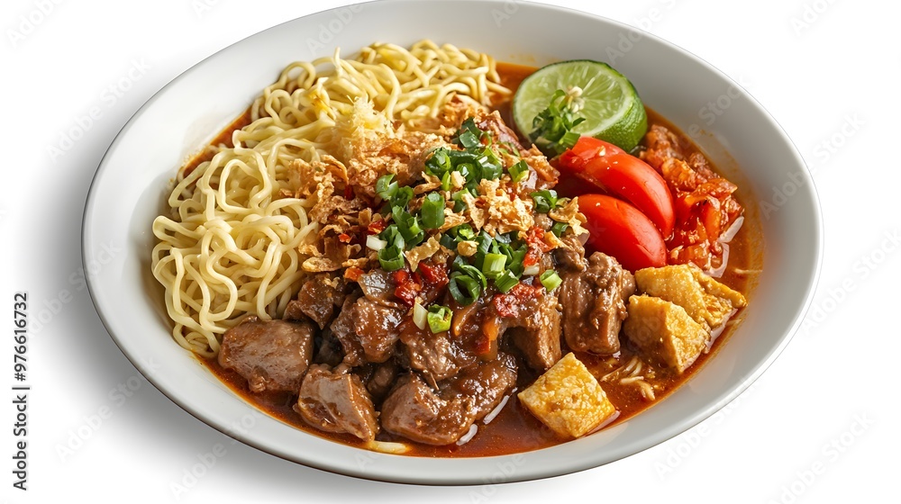 Delicious bowl of spicy beef ramen with fresh vegetables and lime garnish Delicious bowl of spicy beef ramen with fresh vegetables and lime garnish