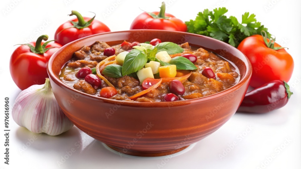 A rich, vibrant red bowl filled to the brim with steaming hot chili, beans, tomatoes, and onions against A rich, vibrant red bowl filled to the brim with steaming hot chili, beans, tomatoes, and onions against