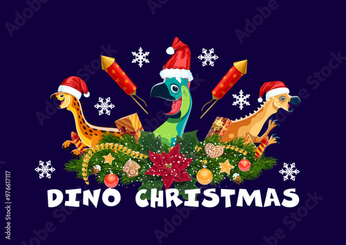 Dino Christmas greetings with funny Santa dinosaurs in wreath for winter holiday, cartoon vector. Happy Jurassic dino lizards and dinosaurs in Santa hats with poinsettia, firecrackers and snowflakes