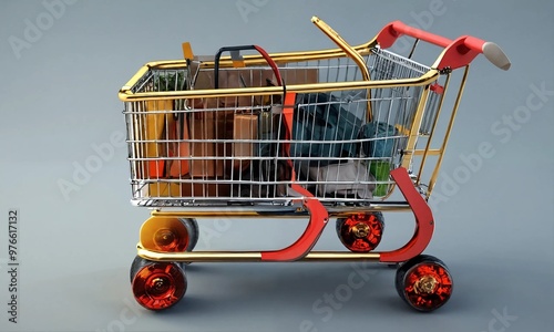 Online shopping concept - trolley cart full of presents. Black Friday and Ciber Mondey. photo