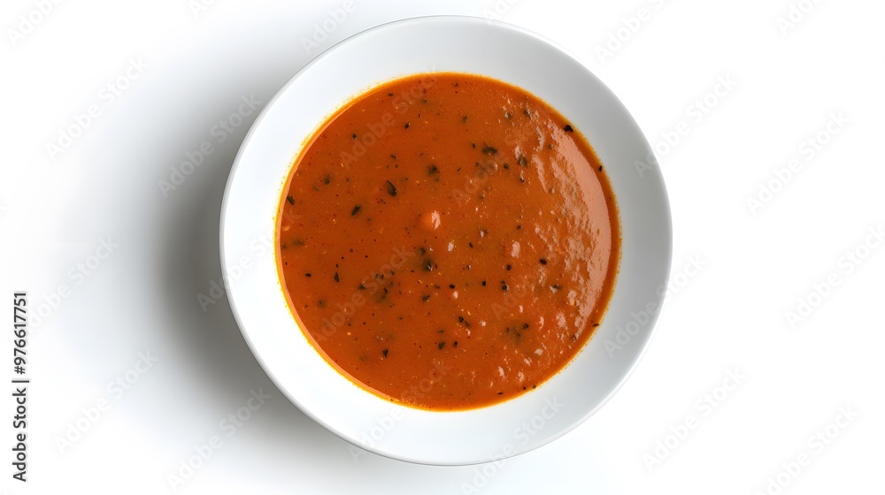 Delicious tomato basil soup in white bowl on white background Delicious tomato basil soup in white bowl on white background