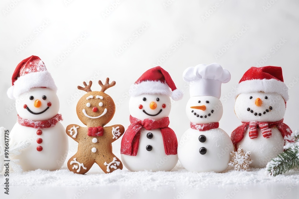 A cheerful group of snowmen, a reindeer, and a gingerbread man stand together in a snowy scene, celebrating the festive season. A cheerful group of snowmen, a reindeer, and a gingerbread man stand together in a snowy scene, celebrating the festive season.