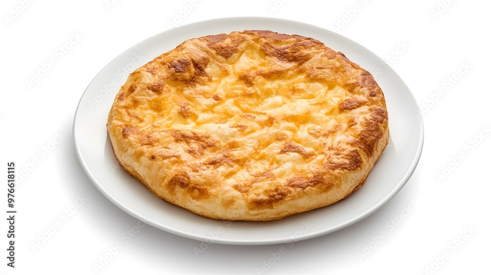 Golden spanish tortilla on white plate - classic potato omelette Golden spanish tortilla on white plate - classic potato omelette