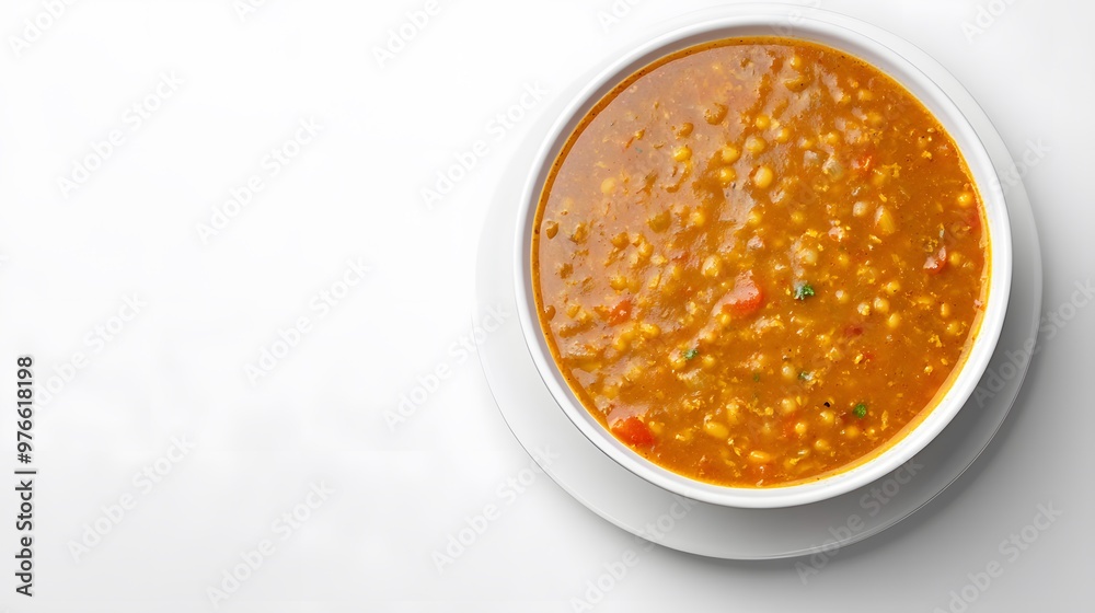 Delicious homemade lentil soup in white bowl on minimalist background Delicious homemade lentil soup in white bowl on minimalist background
