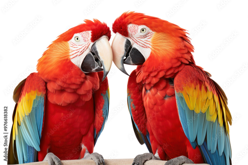 Fototapeta premium A pair of macaws interacting, with one grooming the other, highlighting their social behavior and intricate feather patterns isolated on white background