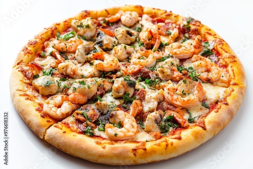 A close-up of a delicious seafood pizza with shrimp, mushrooms and herbs on a white background. The pizza is a popular Italian dish that is loved by people all over the world.
