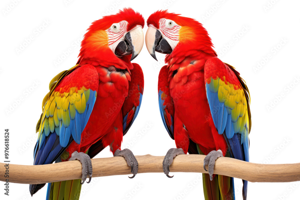 A pair of macaws interacting, with one grooming the other, highlighting their social behavior and intricate feather patterns isolated on white background A pair of macaws interacting, with one grooming the other, highlighting their social behavior and intricate feather patterns isolated on white background