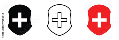 Health shield icons. Health protection symbols. Safety medicine. Immune system icon. Medical cross in the shield. Vector illustration in eps 10.