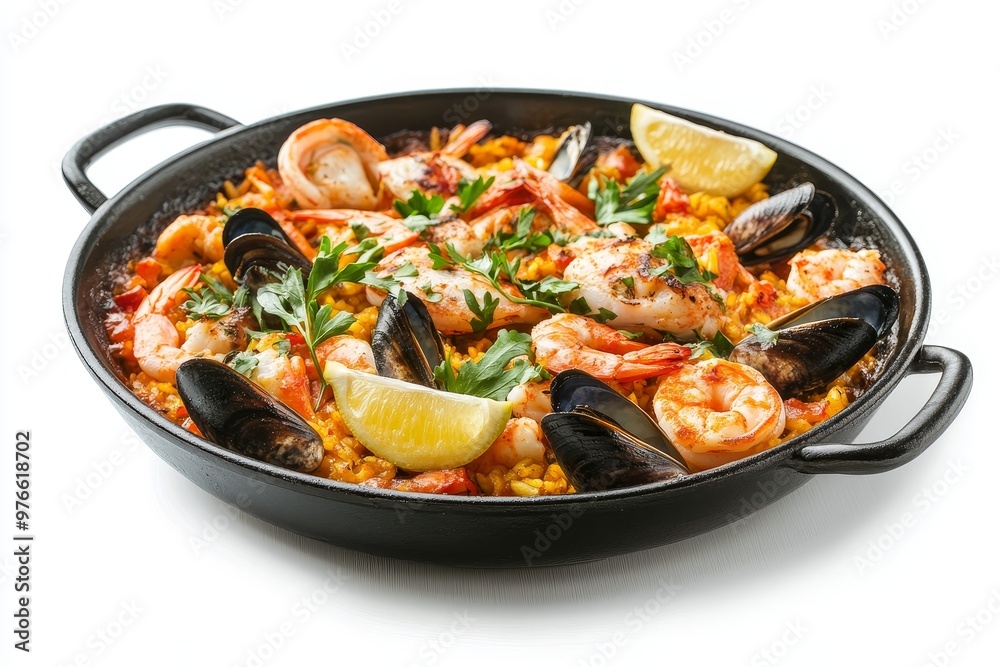 A close-up photo of a traditional Spanish paella dish, featuring a vibrant mix of seafood, rice, and vegetables. This paella is a culinary masterpiece, bursting with flavor and aroma. The image showca A close-up photo of a traditional Spanish paella dish, featuring a vibrant mix of seafood, rice, and vegetables. This paella is a culinary masterpiece, bursting with flavor and aroma. The image showca