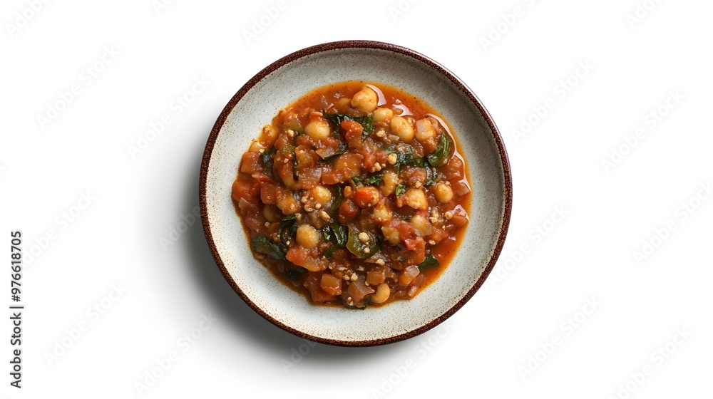 Hearty chickpea stew with spinach and vegetables on white background Hearty chickpea stew with spinach and vegetables on white background