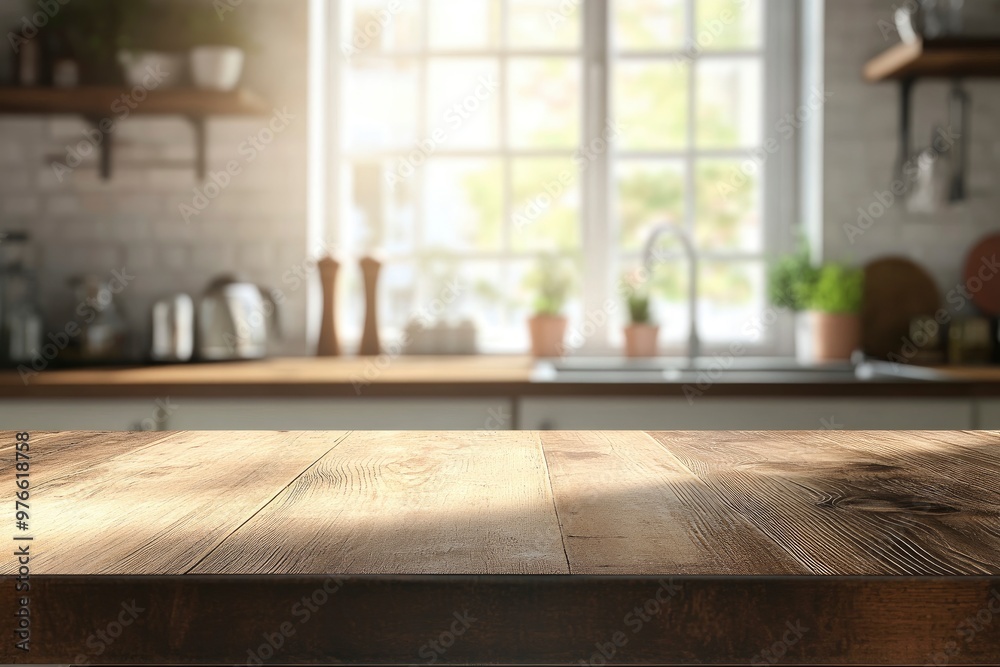 Brown wood table top over blurred kitchen counter interior background with window, ai Brown wood table top over blurred kitchen counter interior background with window, ai