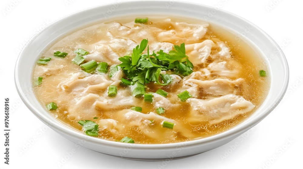 Delicious bowl of wonton soup with fresh herbs and clear broth Delicious bowl of wonton soup with fresh herbs and clear broth
