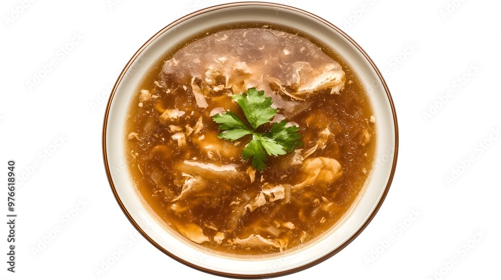 Delicious hot and sour soup with fresh cilantro garnish in a bowl Delicious hot and sour soup with fresh cilantro garnish in a bowl