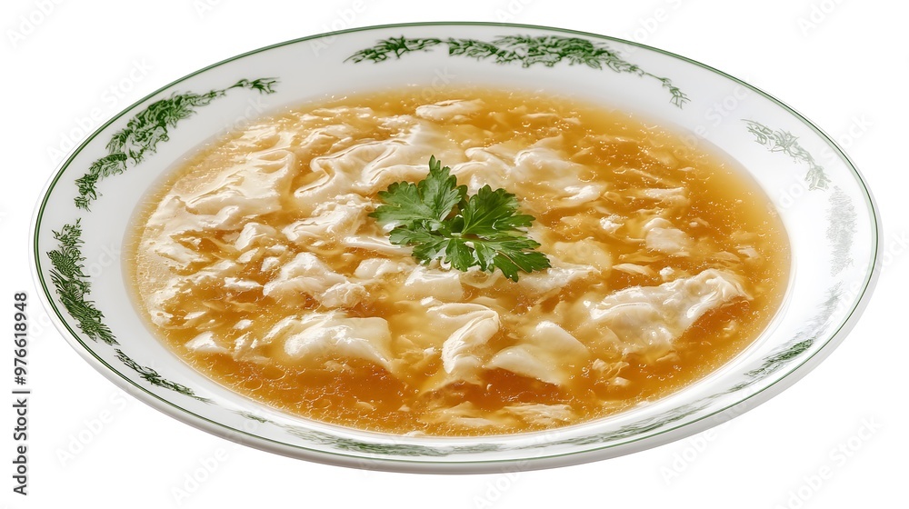 Delicious wonton soup in elegant porcelain bowl with parsley garnish Delicious wonton soup in elegant porcelain bowl with parsley garnish