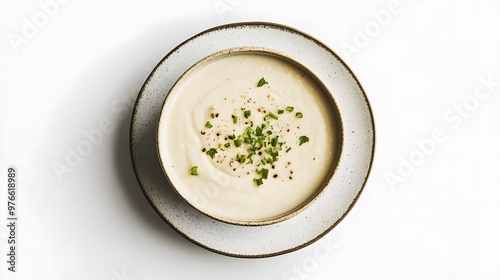 Creamy potato soup garnished with fresh chives in a rustic bowl