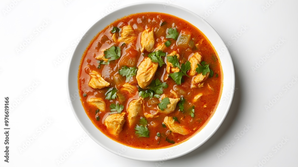 Spicy chicken curry in white bowl with cilantro garnish on clean background Spicy chicken curry in white bowl with cilantro garnish on clean background