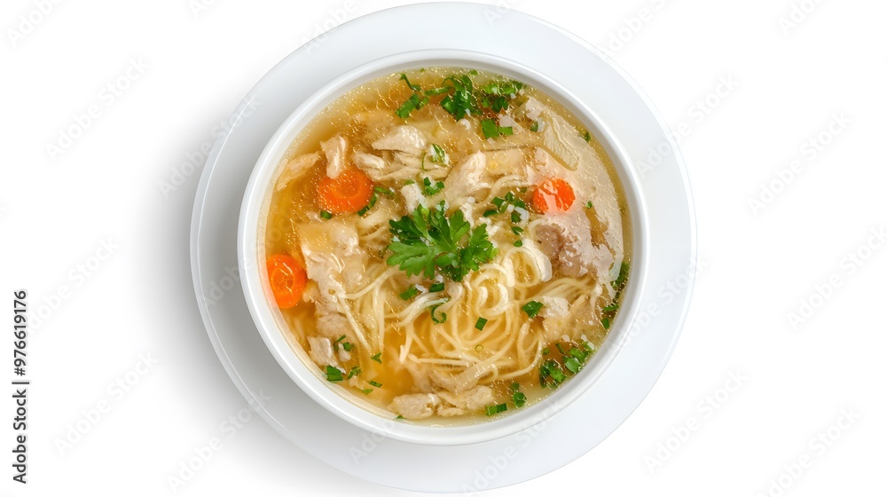 Delicious homemade chicken noodle soup with vegetables in a white bowl Delicious homemade chicken noodle soup with vegetables in a white bowl
