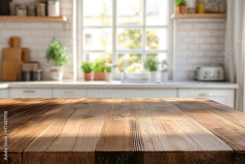 Brown wood table top over blurred kitchen counter interior background with window, ai