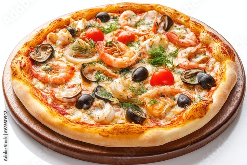 A close-up shot of a delicious seafood pizza with shrimps, olives, and cherry tomatoes on a white background.