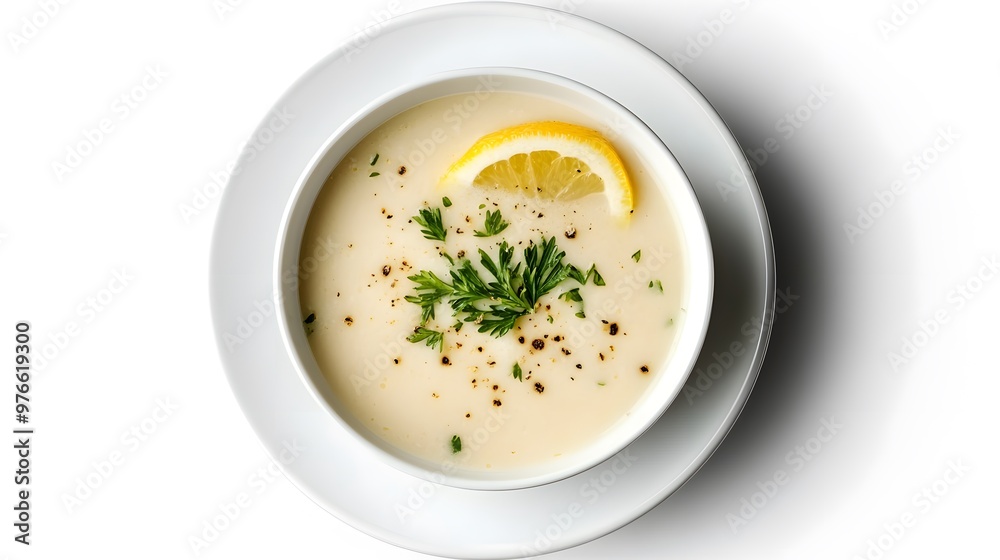 Creamy lemon soup with fresh parsley and pepper garnish Creamy lemon soup with fresh parsley and pepper garnish
