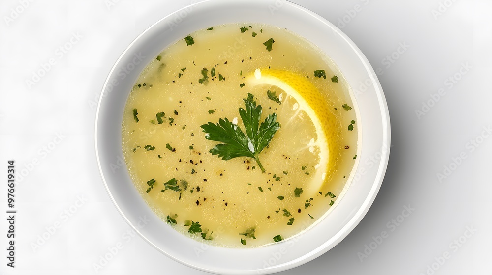 Fresh lemon chicken soup garnished with parsley in a white bowl on a light background Fresh lemon chicken soup garnished with parsley in a white bowl on a light background