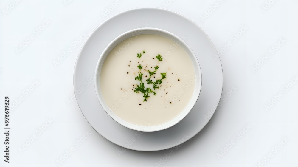Creamy cauliflower soup garnished with fresh parsley on white plate Creamy cauliflower soup garnished with fresh parsley on white plate