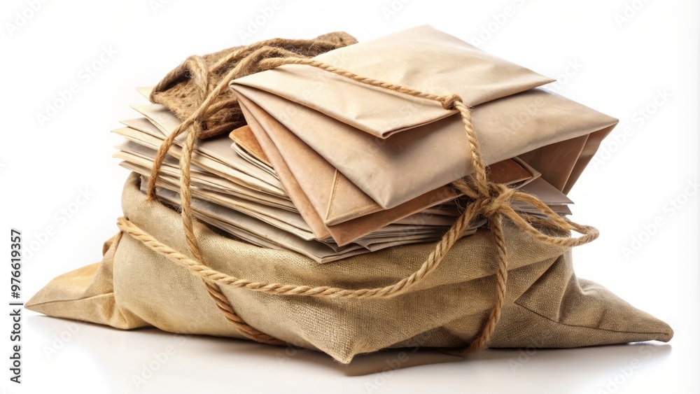 A sturdy canvas bag overflows with letters and envelopes, meticulously tied with twine and resting alone against a A sturdy canvas bag overflows with letters and envelopes, meticulously tied with twine and resting alone against a