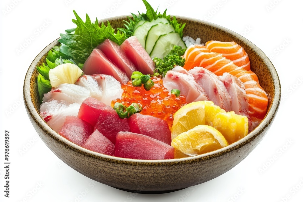 A colorful and appetizing bowl of sashimi featuring fresh salmon, tuna, ikura (salmon roe), white fish, and cucumber, served on a bed of rice, perfect for a healthy and flavorful meal. A colorful and appetizing bowl of sashimi featuring fresh salmon, tuna, ikura (salmon roe), white fish, and cucumber, served on a bed of rice, perfect for a healthy and flavorful meal.