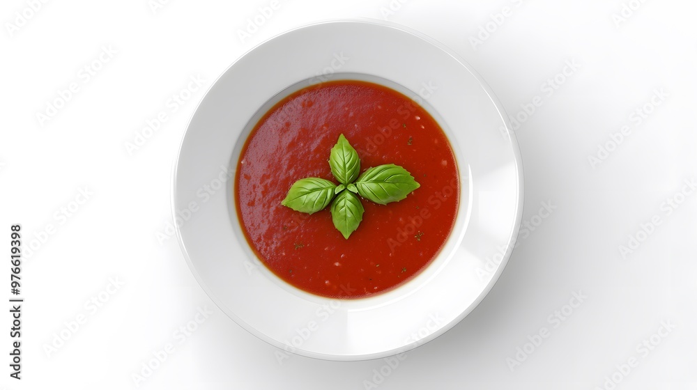 Tomato soup with fresh basil leaves in a white bowl on a minimalist background Tomato soup with fresh basil leaves in a white bowl on a minimalist background