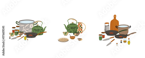 Kitchen utensils. Kitchenware tools and equipment. Frying pan, saucepan, knives and forks. Cutlery objects for food cooking modern contemporary crockery cartoon flat isolated vector illustration