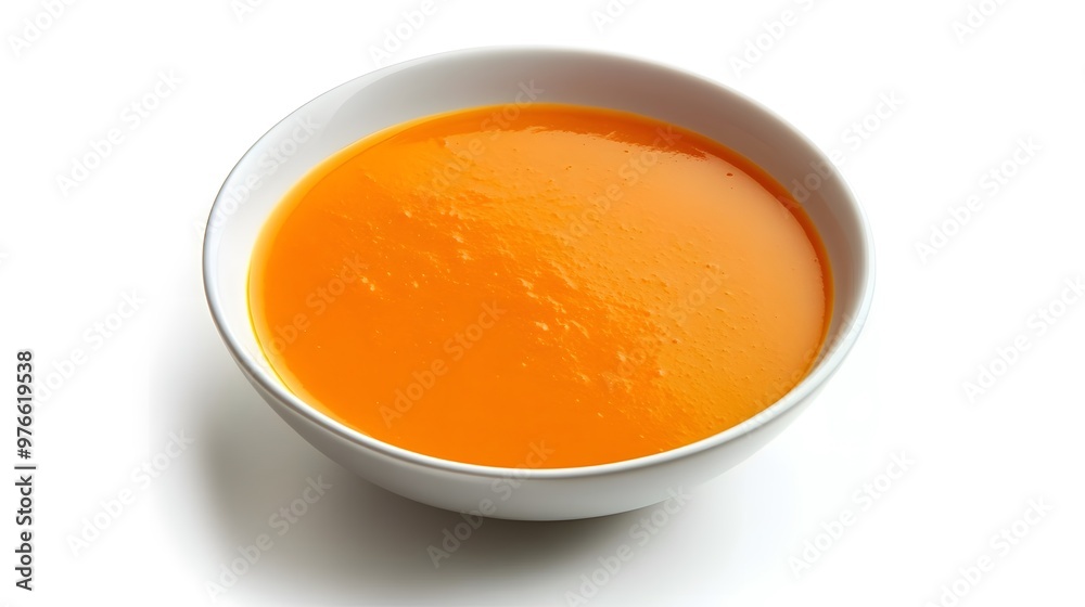 Smooth creamy pumpkin soup in white bowl on clean background